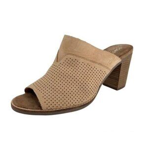 Toms Nubuck Perforated Laser Cut Clogs Peeptoe Stacked Wooden Heel Majorca